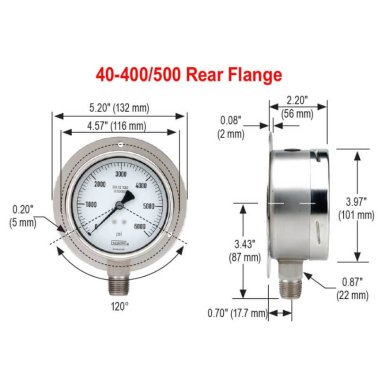 Buy 40-500-15000-PSI NOSHOK, Inc. 0 to 15,000 psi Range All Stainless Steel Dry and Liquid Filled Pressure Gauge 40-500-15000-PSI 40 400 500 Rear Flange Dimensions