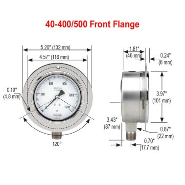 Buy 40-500-15000-PSI NOSHOK, Inc. 0 to 15,000 psi Range All Stainless Steel Dry and Liquid Filled Pressure Gauge 40-500-15000-PSI 40 400 500 Front Flange Dimensions