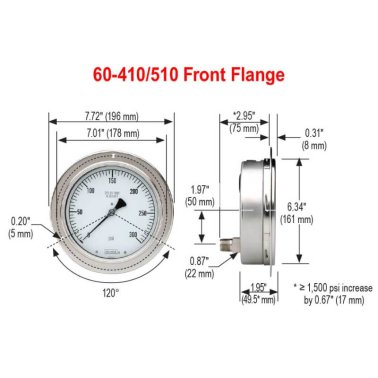Buy 60-510-6000-PSI NOSHOK, Inc. 0 to 6,000 psi Range All Stainless Steel Dry and Liquid Filled Pressure Gauge 60-510-6000-PSI 60 410 510 Front Flange Dimensions